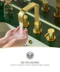 Person using 8 Inch Brushed Gold Widespread Bathroom Faucet With 2 Handles And 3 Holes Hexagonal Design Satin Gold Finish