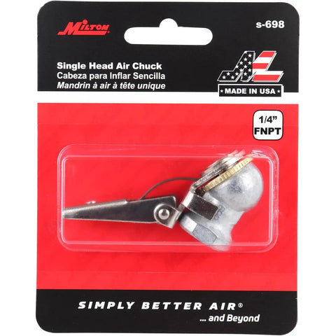 Single head S-698 One Quarter Inch FNPT Air Chuck with Grip in packaging for tight, leak free seal and durable solid brass construction.