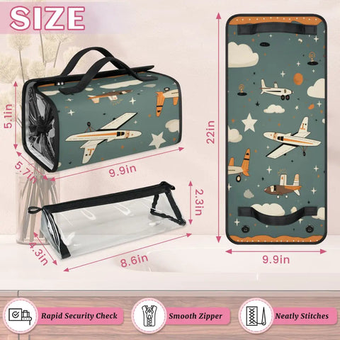 Cute Airplane Makeup Bag For Women With Hanging Roll Up Travel Organizer And Four Removable Compartments, Cartoon Aircraft Toiletry Kit