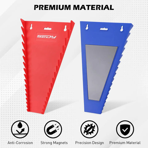 2 Pack Magnetic Wrench Organizer Kit With 32 Slots For SAE And Metric Wrenches, red and blue tray with magnets visible