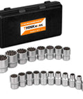 Half Inch Drive Universal Spline Socket Set for SAE and Metric Bolts, 19-piece set with carry case, chrome vanadium steel