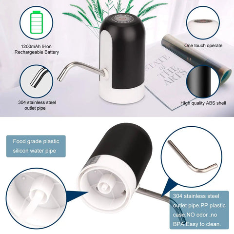 5 Gallon Rechargeable Water Dispenser With One Button Pump, showing stainless steel outlet pipe and silicone water pipe features
