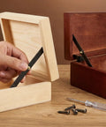 Two Pack Bronze Lid Support Hinges for Jewelry Boxes and Small Chests, bronze finish with screwdriver and screws visible
