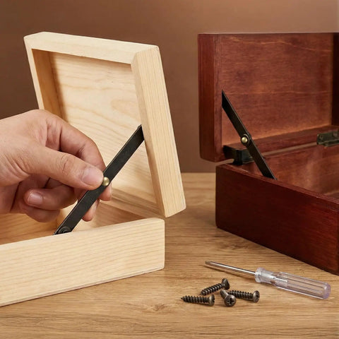 Two Pack Bronze Lid Support Hinges for Jewelry Boxes and Small Chests, bronze finish with screwdriver and screws visible