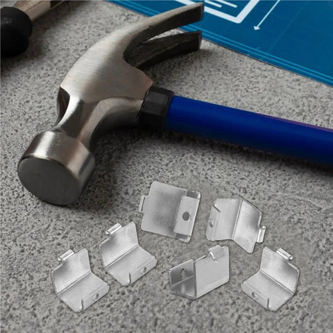 Heavy Duty Freezer Clips Fridge Stabilizer Hooks Set 60 Piece metal clips and hammer on concrete surface