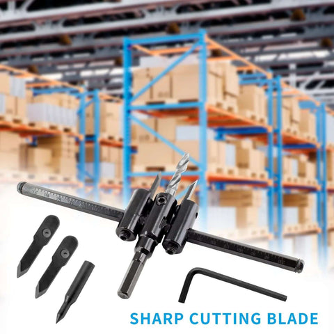 LifCratms adjustable hole saw circle cutter set, black metal with ruler guide, includes drill bits and hex key