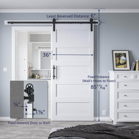 36x84 Inch Sliding Barn Door Kit With Hardware, Handle And Floor Guide, Waterproof PVC Surface, White 5-Panel Solid Slab installed