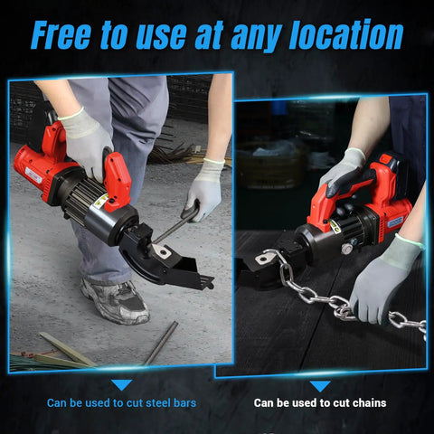 Loschen Cordless Rebar Chain Cutter Portable Electric Hydraulic Tool For Cutting Metal Chains Locks And Steel Cables Up To 10mm cutting steel rebar and chains in a workshop setting.