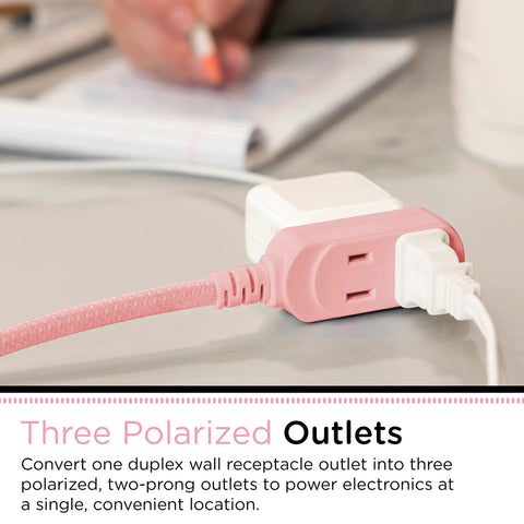 Braided Fabric 3 Outlet Extension Cord With 8 Foot Cable Flat Low Profile 2 Prong Plug Tangle Free Slide To Lock Safety Polarized ETL Listed Light Pink Decor Power Strip For Home Office showing three polarized outlets.