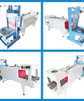 Built Tough Semi Automatic Plastic Film Sleeve Sealing Machine And Heat Shrink Packager with conveyor, blue and white design.