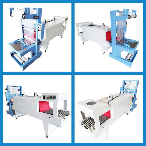Built Tough Semi Automatic Plastic Film Sleeve Sealing Machine And Heat Shrink Packager with conveyor, blue and white design.