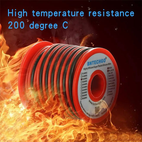 Ultra Flexible 16 Gauge 2 Conductor Silicone Wire Spool Red And Black For LED Strip Extension Cable 25 Feet High Temperature 200 Degree C 600 Volt With Tinned Copper surrounded by flames showing heat resistance