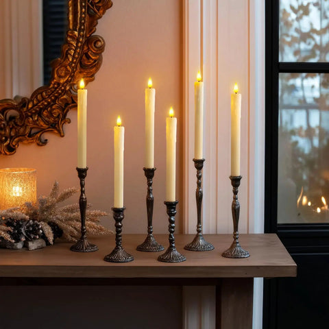 2 Pack Flameless Taper Candles With Remote And Timer, 9.6 Inch Ivory LED Battery Operated Wax Style Candles on a mantel