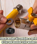 48 Piece Outdoor Faucet Washer Kit With Brass Screws And Flat And Beveled Washers being installed on faucet