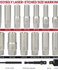 Deep Well Bolt Extractor Kit With 3/8 Inch Adapter No Fuss EZ Out Socket Set showing laser-etched 16-piece Cr-Mo steel sockets.