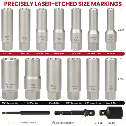 Deep Well Bolt Extractor Kit With 3/8 Inch Adapter No Fuss EZ Out Socket Set showing laser-etched 16-piece Cr-Mo steel sockets.