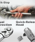 Beefy Nine Piece Torque Wrench Set With Quarter, Eighths, And Half Inch Drives shown with features like quick-release head.