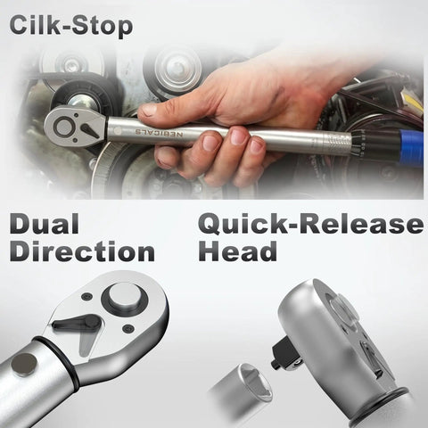 Beefy Nine Piece Torque Wrench Set With Quarter, Eighths, And Half Inch Drives shown with features like quick-release head.