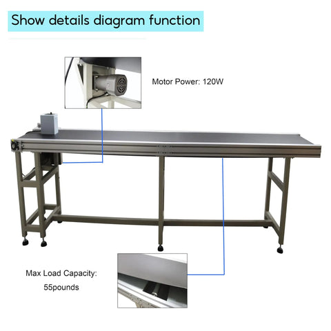 Super Tough Electric Pvc Flat Conveyor Belt System For Packing And Shipping With 118 Inch Long By 15.7 Inch Wide Belt diagram