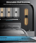 Lichaser Plug in Wall Sconces for Acoustic Wall Panels, Slat Wall (2, 28in) showing adjustable brightness and color temperature options.
