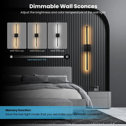Lichaser Plug in Wall Sconces for Acoustic Wall Panels, Slat Wall (2, 28in) showing adjustable brightness and color temperature options.