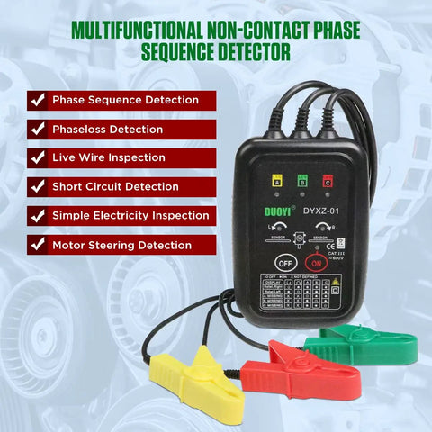 3 Phase Rotation Tester For Motor Setup With Non Contact Voltage Detection And Phase Sequence Check 70V To 600V AC Live Wire Tester Short Circuit Alert 23.62 Inch Cable Length Carrying Bag