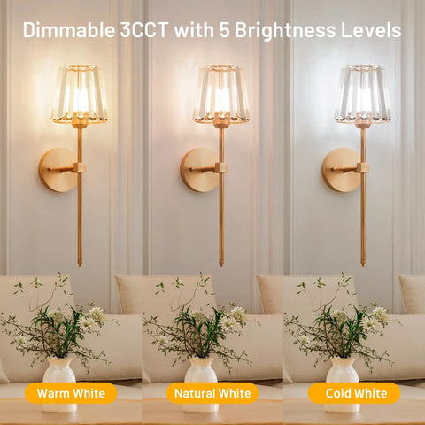 Sparkling Crystal Wall Sconces Set Of Two, Rechargeable Wireless Wall Lights With Remote, displaying warm, natural, and cold white settings.