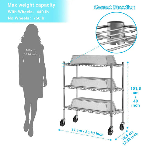 Three Tier Storage Shelves On Casters Heavy Duty Chrome Metal Shelving With Locking Wheels, Rust Resistant Garage Organizer For Home, Workshop Or Laundry, Mobile Shelving Rack, 40 inch tall