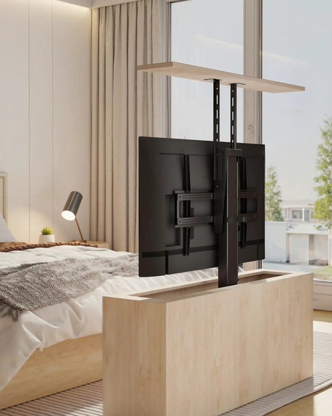 Motorized TV Lift And Slick Rise And Fall Mechanism For 37 To 65 Inch Sets With Concealed Ceiling Or Cabinet Mount For A Smooth Glide Operation That Keeps Your Flat Screen Hidden Away For Total Living Room Swagger
