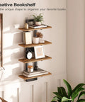 Heavy Duty Floating Wall Shelves 15 Inch 2 Tier Set 2 Rustic Brown Black mounted with books and decor in a bright room.