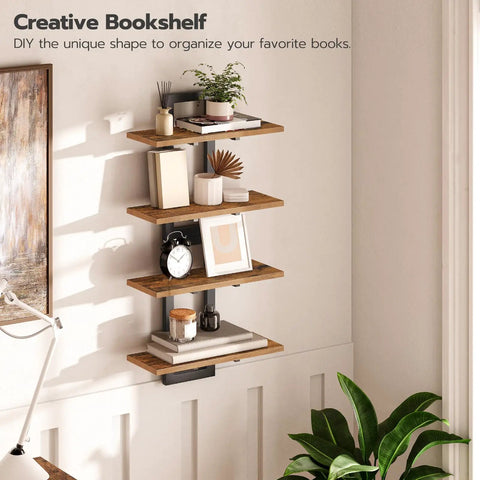 Heavy Duty Floating Wall Shelves 15 Inch 2 Tier Set 2 Rustic Brown Black mounted with books and decor in a bright room.