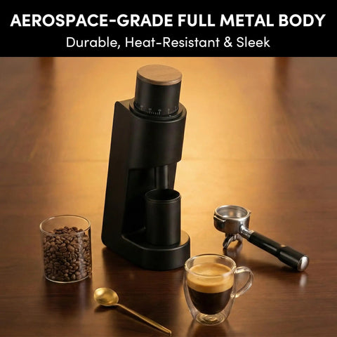 Rock Solid Single Dose Coffee Grinder With Brawny 38 Mm Conical Burrs And Butter Smooth Stepless Dial For Bold Espresso Pour Over Pulls Low Retention Anti Static Frame In Matte Black on a wooden table.