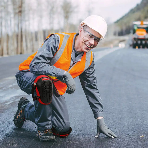 Man wearing Knee Pads For Work With Soft Gel Core And EVA Foam Padding, ergonomic cushion for comfort, kneeling on road