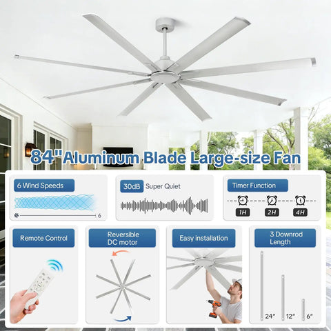 84 Inch Large Ceiling Fan No Lights Industrial Quiet DC Motor With 8 Aluminum Blades 3 Downrods And 6 Speed Remote shown installed on a porch