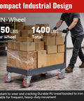 3 Inch Polyurethane Caster Wheels With Cast Iron Core Set Of 4 on loaded cart, highlighting 1400 lbs capacity and industrial use
