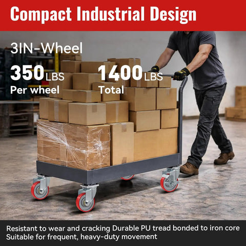 3 Inch Polyurethane Caster Wheels With Cast Iron Core Set Of 4 on loaded cart, highlighting 1400 lbs capacity and industrial use