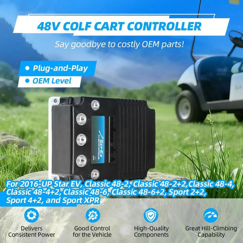 Top Shelf 48Volt 400 Amp Golf Cart Speed Controller Plug And Play Motor Driver Replacement Direct Fit 2016 Plus Star Ev Electric Golf Carts. OEM-style heavy duty controller in black with wires.