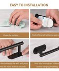 Matte Black Adhesive Wall Mount Toilet Paper Holder No Drill, Rustproof SUS 304 Stainless Steel, installation steps shown