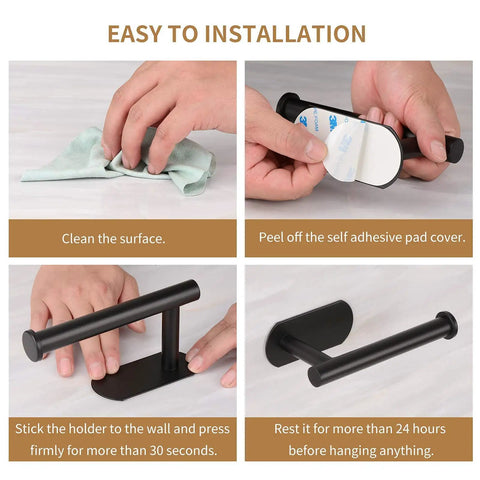 Matte Black Adhesive Wall Mount Toilet Paper Holder No Drill, Rustproof SUS 304 Stainless Steel, installation steps shown