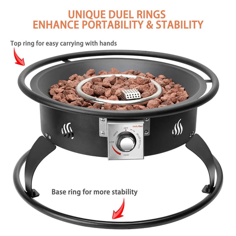Outdoor Propane Fire Pit 22 Inch Smokeless Portable Fireplace With 12 Foot Hose And Lava Rocks For Patio Backyard Bonfire Camping RV Tailgating Beach Party 55000 BTU showing duel rings