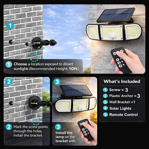 Installation guide for Solar Motion Sensor Outdoor Flood Lights With 3000 Lumen Output And Three Adjustable Heads Ultra Bright Remote Control
