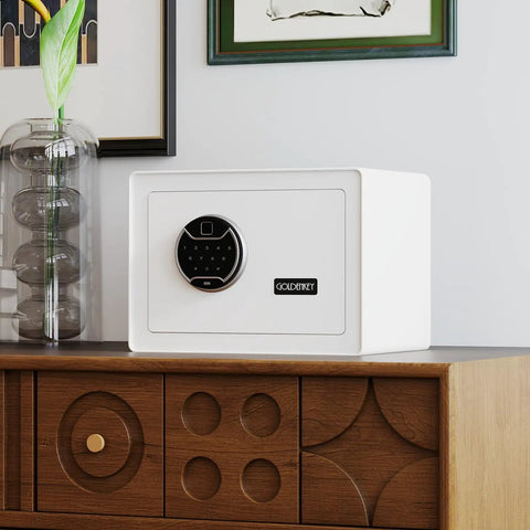 White biometric safe with fingerprint lock and touchscreen keypad on wooden cabinet, suitable for home or office use.