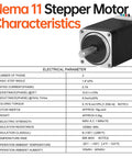 Nema 11 stepper motor, front view; black housing with silver faceplate and protruding shaft
