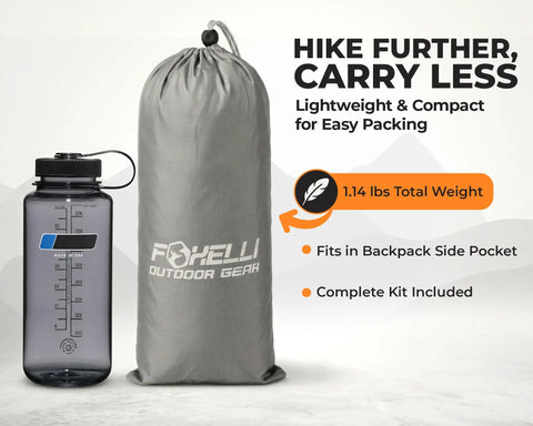 Gray stuff sack for Lightweight Hammock Rain Fly Waterproof Shelter For Camping And Backpacking beside water bottle