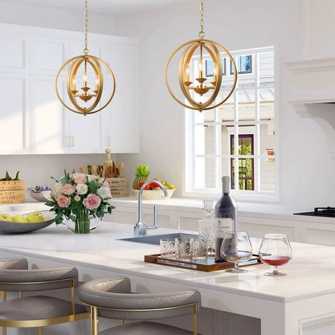 Gold Orb Pendant Light 3 Light Modern Fixture With Open Globe Metal Frame And Soft Gold Finish in kitchen island setting