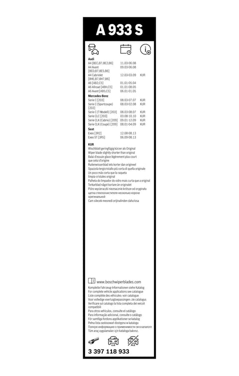 Windshield wiper installation guide for A 933 S, detailing compatibility with various Audi and Mercedes-Benz models.
