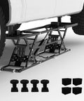 Beefy 7000 Lbs Portable Car Lift for Trucks, SUVs, and Sedans, heavy duty scissor lift jack lifting vehicle with accessories on display