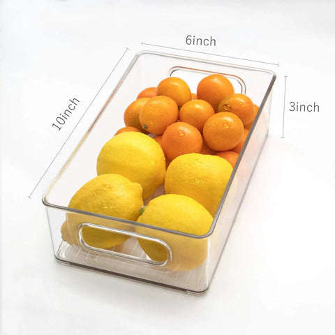 Stackable Fridge Organizer Bins Set Of 6 Clear Kitchen Storage Bins With Easy Grip Handles Includes 20 Plastic Bags For Pantry Cabinets Shelves Drawers And Freezer Food Safe BPA Free 10 Inch Long containing lemons and oranges