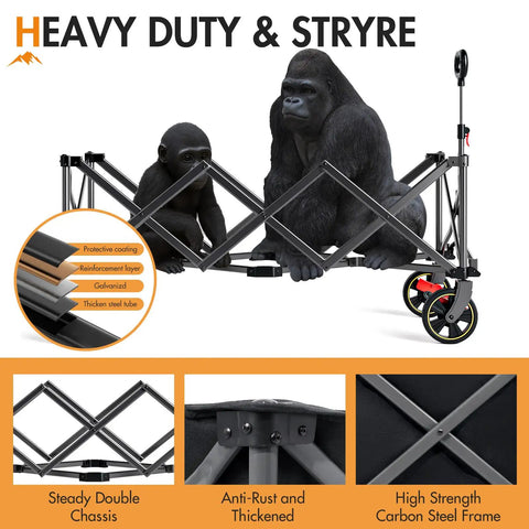 51.2 Inch Long Foldable Wagon With Brakes And Cargo Net, frame showing heavy duty construction and steel reinforcements