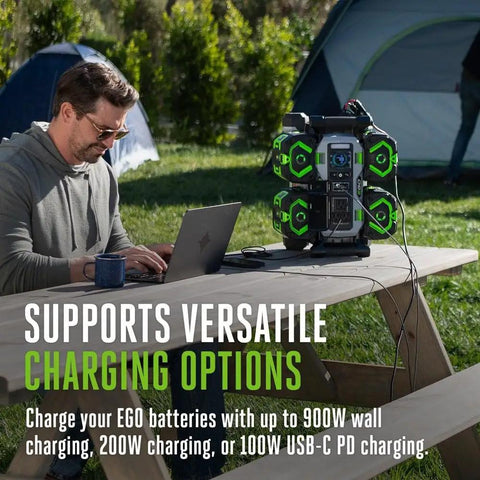 Man using Gasless 1400W Portable Power Station With Two 56V 6Ah Batteries And Charger, Pure Sine Inverter outdoors